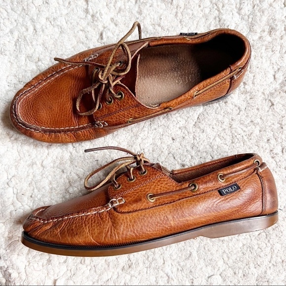 Polo Ralph Lauren Bienne Boat Shoes Men’s 10 Tan Oiled Tumbled Leather Loafers